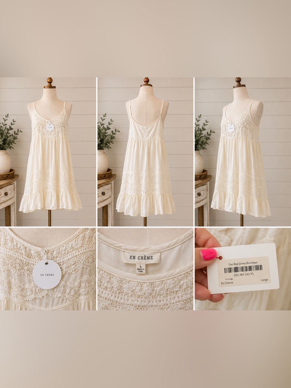 En Crème Cream Crochet Lace Boho Mini Dress NWT Size L